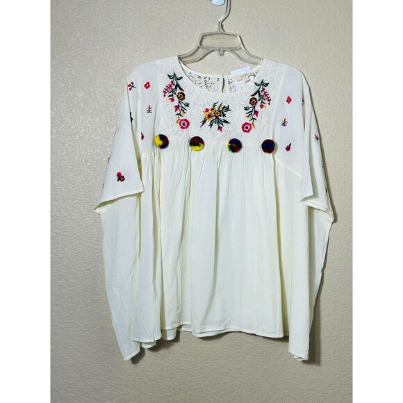 NWT Women's One Size Oversized Ivory Boho Blouse Pom Pom Embroidered XS-XXXL - Picture 1 of 12